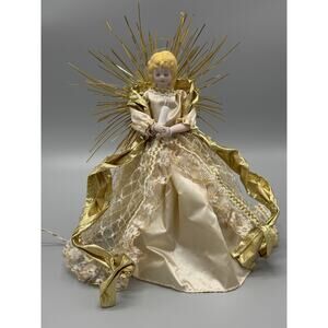 Vintage Angel Tree Topper Electric Gold Tinsel Lighted Tree Topper 9”